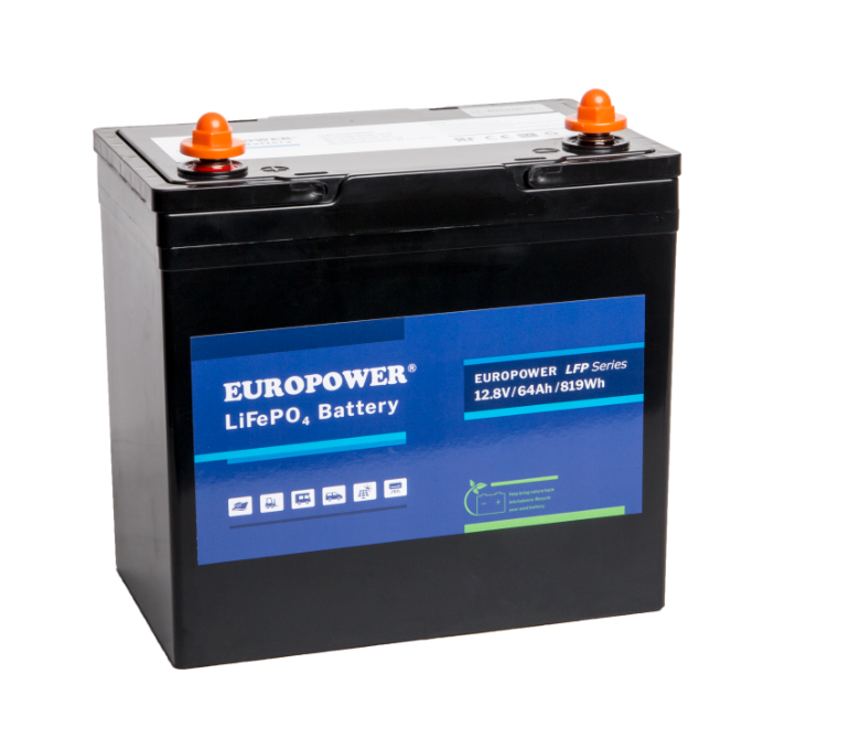 EUROPOWER Akumulator 12,8V - 64Ah LiFePO4,  litowo - żelazowo - fosforanowy z BMS, praca cykliczna i buforowa, 5 lat gwarancji.