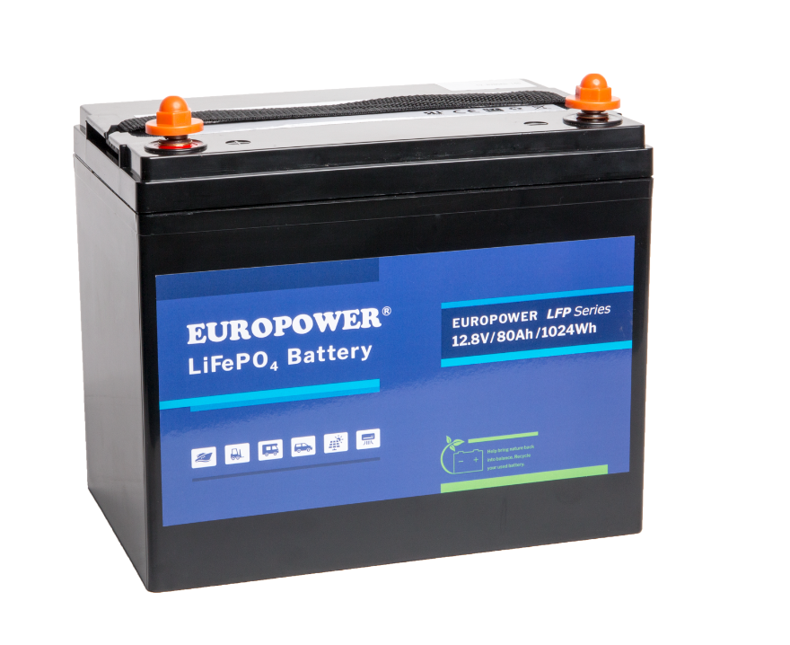 EUROPOWER Akumulator 12,8V - 80Ah LiFePO4,  litowo - żelazowo - fosforanowy z BMS, praca cykliczna i buforowa, 5 lat gwarancji.