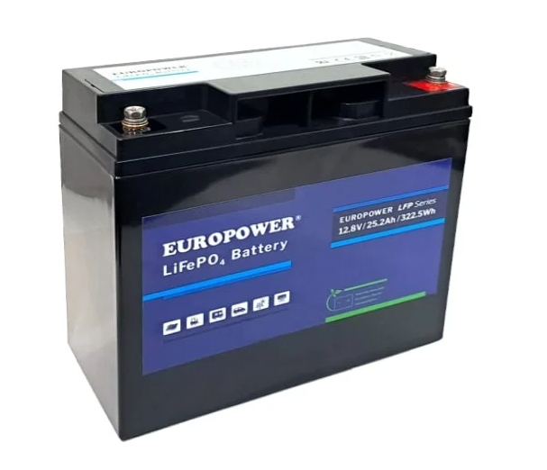 EUROPOWER Akumulator 12,8V - 25Ah LiFePO4,  litowo - żelazowo - fosforanowy z BMS, praca cykliczna i buforowa, 5 lat gwarancji.