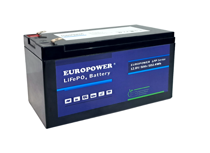 EUROPOWER Akumulator 12,8V - 8Ah LiFePO4,  litowo - żelazowo - fosforanowy z BMS, praca cykliczna i buforowa, 5 lat gwarancji.