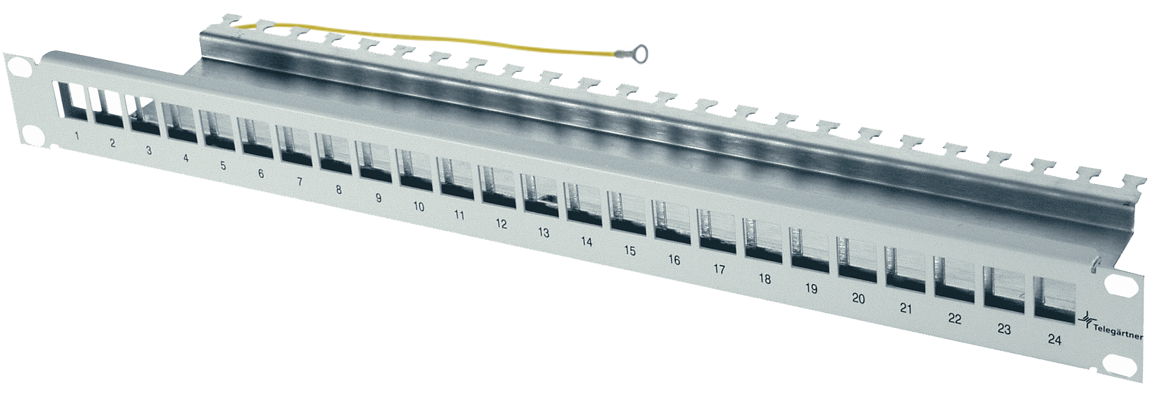 Telegärtner Panel 19" 1U pusty 24 porty RJ45 z półką szary