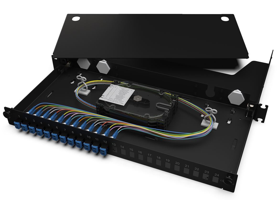 CORNING LANSCAPE® FIBER HSG 24 PGTL ST MM BLACK – Panel wyposażony w adaptery, pigtaile, tacki sprawów ST MM