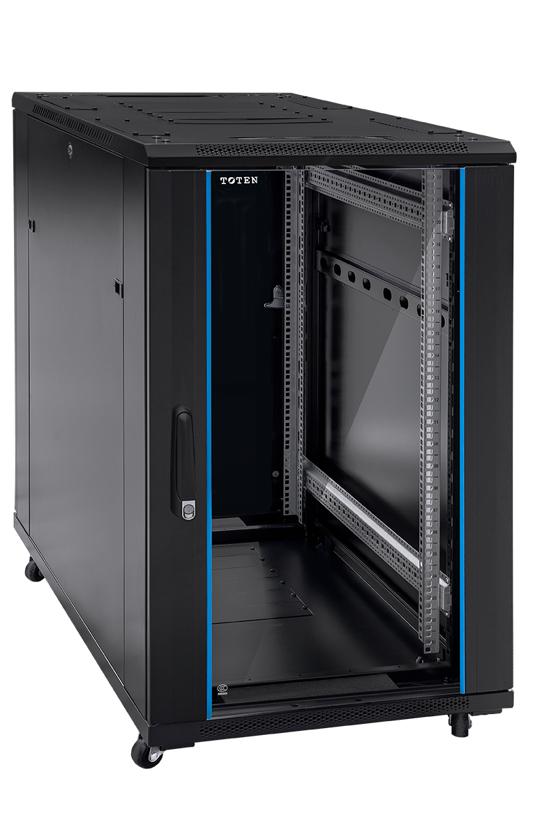 TOTEN Szafa teleinformatyczna rack 19” G7 22U 600/600mm; czarna (drzwi przód jednoskrzydłowe przeszklone, tył jednoskrzydłowe metalowe pełne)