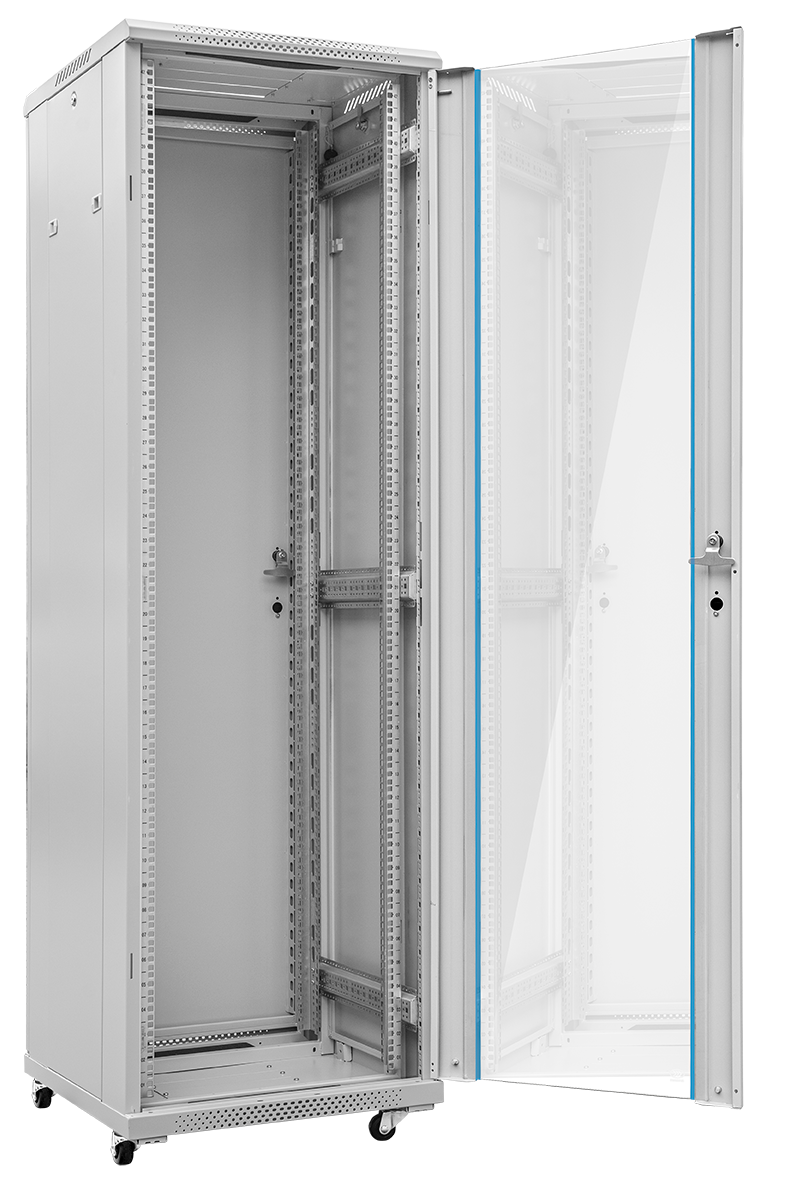 TOTEN Szafa teleinformatyczna rack 19” G7 42U 600/600mm; szara (drzwi przód jednoskrzydłowe przeszklone, tył jednoskrzydłowe metalowe pełne)