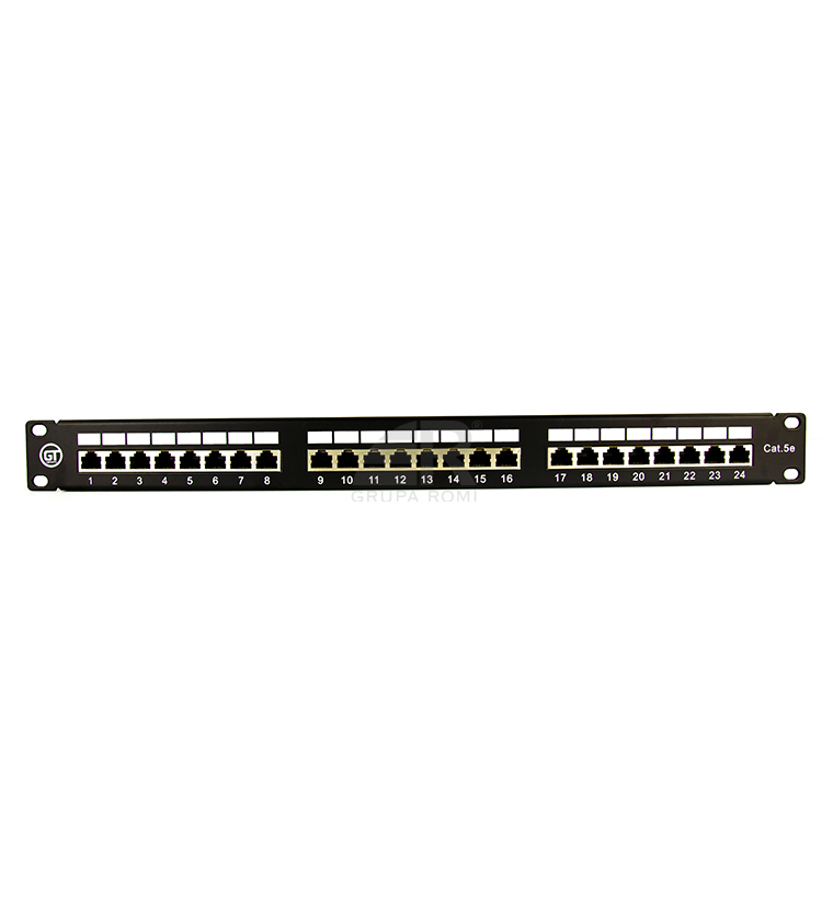 GT Networks Panel krosowy 19" 1U 24 gniazda RJ45 kat. 5e ekranowane STP z półką czarny