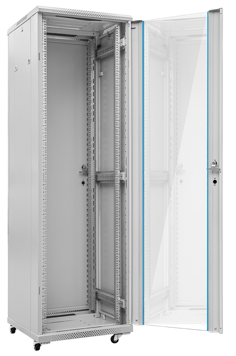 TOTEN Szafa teleinformatyczna rack 19” G7 37U 600/600mm; szara (drzwi przód jednoskrzydłowe przeszklone, tył jednoskrzydłowe metalowe pełne)